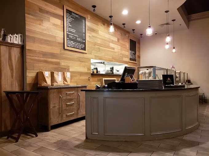 The oak wall and front counter at Roots