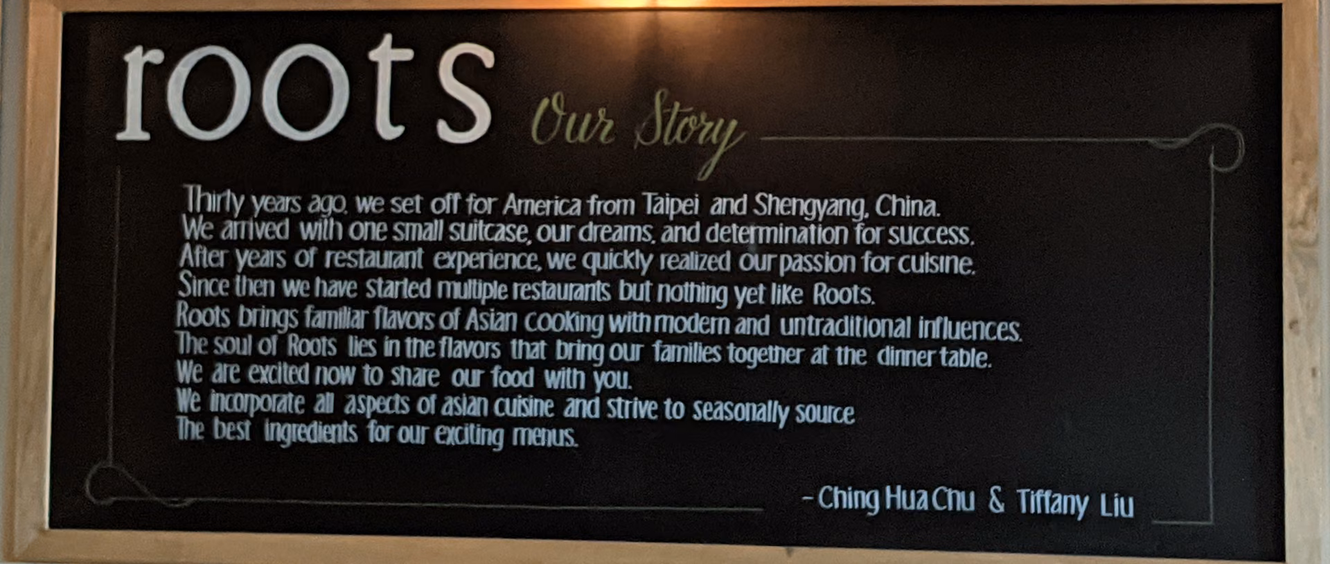 Our story, on the Roots chalkboard